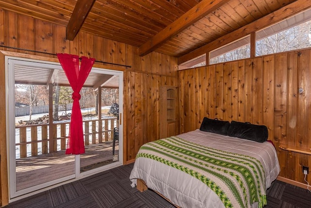 bedroom with wooden ceiling, wood walls, access to outside, and vaulted ceiling with beams