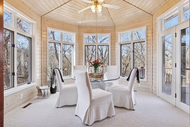 sunroom with a wealth of natural light, wood ceiling, visible vents, and lofted ceiling