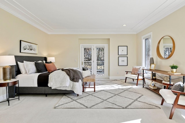 bedroom featuring access to exterior, light colored carpet, crown molding, and baseboards