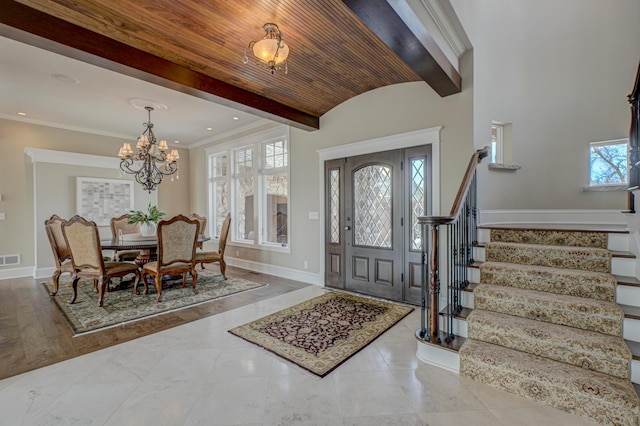 795 140th Ave, New Richmond, WI 54017 - entryway with stairs, a chandelier, baseboards, beam ceiling, and recessed lighting