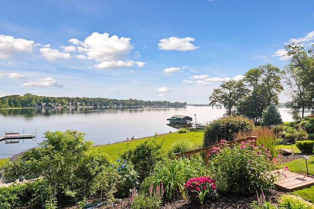 view of water feature with a dock