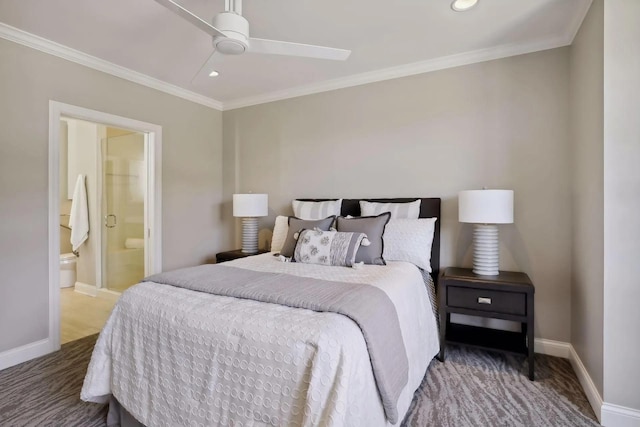 carpeted bedroom featuring ensuite bathroom, recessed lighting, a ceiling fan, baseboards, and ornamental molding