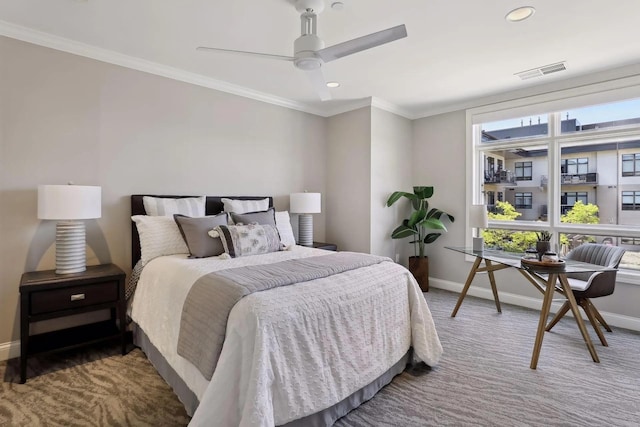 carpeted bedroom featuring recessed lighting, visible vents, ornamental molding, ceiling fan, and baseboards