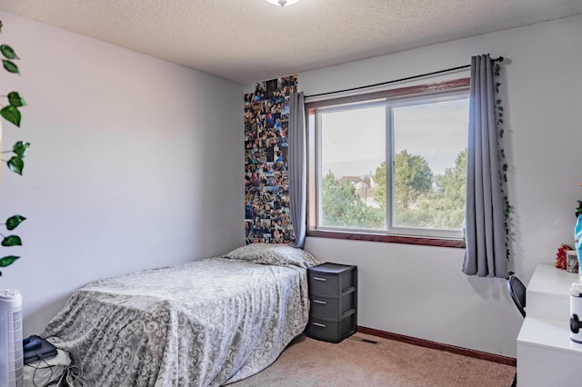 bedroom featuring carpet floors, baseboards, and a textured ceiling