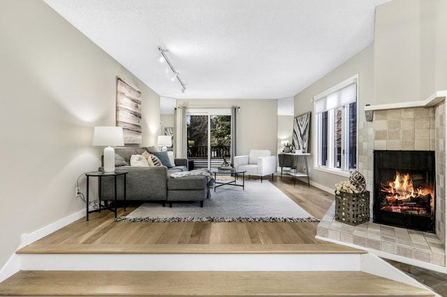 living area with rail lighting, baseboards, wood finished floors, and a tile fireplace