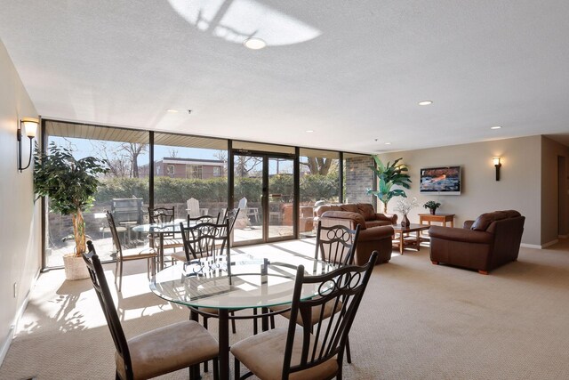 dining room featuring expansive windows, light carpet, a textured ceiling, and baseboards