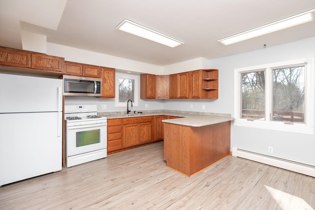 kitchen with brown cabinets, open shelves, white appliances, a peninsula, and light countertops