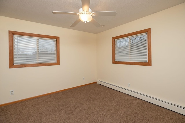 spare room with baseboards, ceiling fan, a textured ceiling, carpet flooring, and baseboard heating