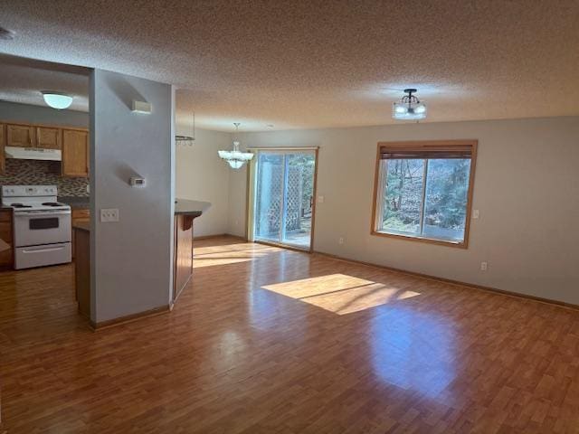 empty room with a textured ceiling, a chandelier, and wood finished floors