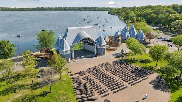 bird's eye view with a water view