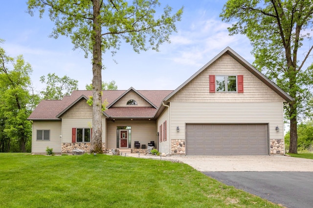 29235 Piney Way, Breezy Point, MN 56472 - view of front of house featuring stone siding, a garage, a front yard, asphalt driveway, and a shingled roof
