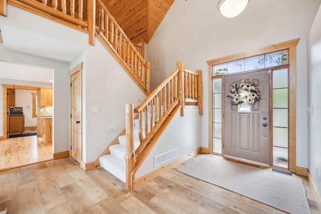 29235 Piney Way, Breezy Point, MN 56472 - foyer with light wood finished floors, stairway, baseboards, high vaulted ceiling, and wood ceiling