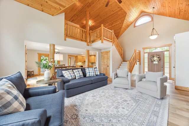 29235 Piney Way, Breezy Point, MN 56472 - living area with stairway, high vaulted ceiling, light wood-style flooring, wood ceiling, and a ceiling fan
