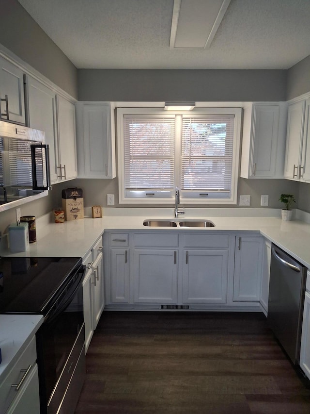 kitchen with a sink, electric range, stainless steel dishwasher, and dark wood-style flooring