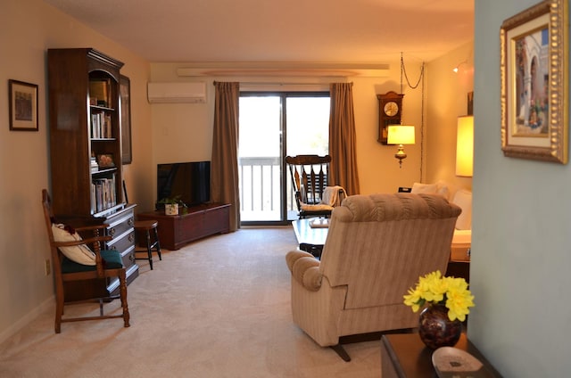 sitting room featuring light colored carpet, a wall unit AC, and baseboards