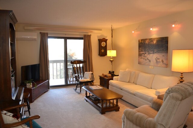 living room featuring carpet floors and a wall mounted air conditioner