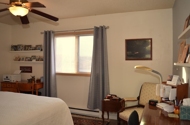 bedroom featuring a baseboard radiator and ceiling fan