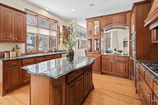 kitchen with light wood-style floors, custom range hood, a sink, and a kitchen island