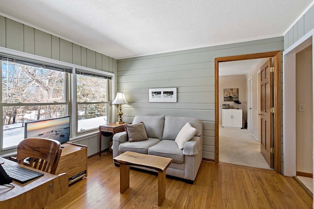 living room with light wood-style flooring and a textured ceiling