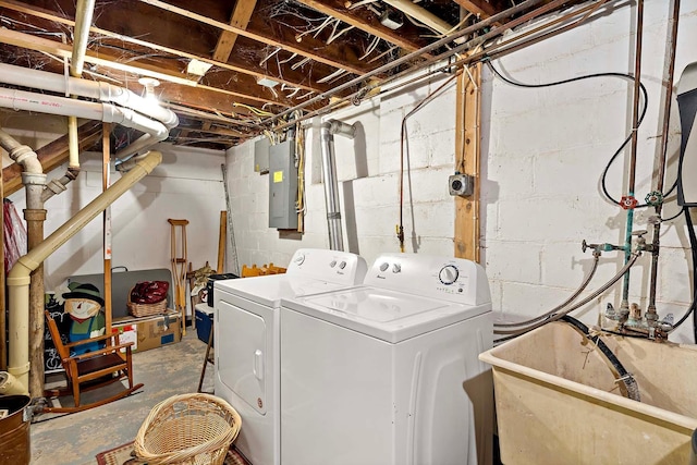 laundry room featuring electric panel, laundry area, a sink, and washing machine and clothes dryer