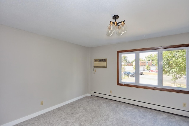 unfurnished room featuring a baseboard radiator, light colored carpet, a wall unit AC, and baseboards