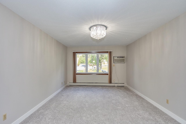 unfurnished room featuring baseboards, light carpet, and baseboard heating