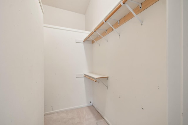 walk in closet featuring light colored carpet