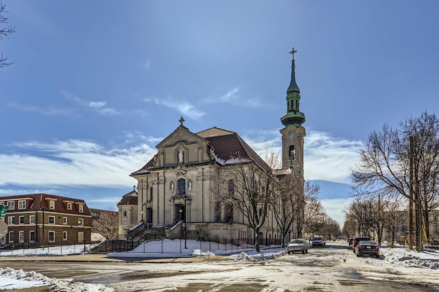 view of snow covered building