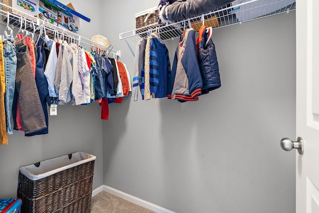 walk in closet featuring carpet flooring