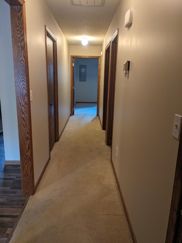 corridor featuring light carpet, baseboards, and a textured ceiling