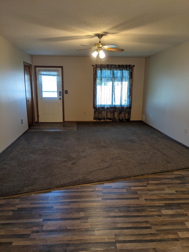 interior space featuring carpet, a ceiling fan, and a textured ceiling