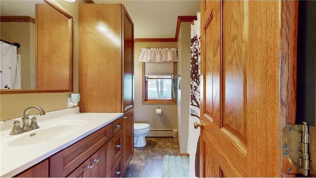 full bathroom featuring a baseboard radiator, vanity, and toilet