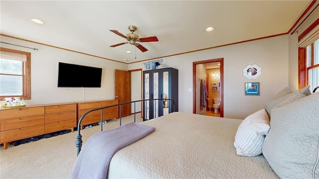 bedroom with carpet, crown molding, and recessed lighting