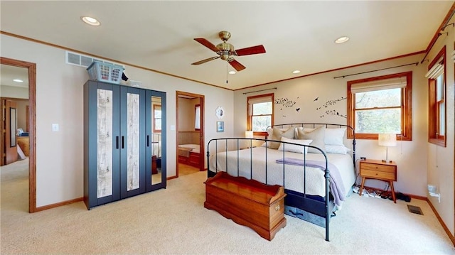 bedroom featuring recessed lighting, french doors, light carpet, and baseboards