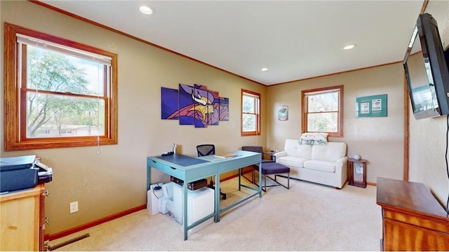 office space featuring light carpet, baseboards, ornamental molding, and recessed lighting