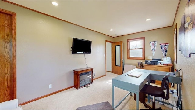 office featuring recessed lighting, baseboards, crown molding, and light colored carpet