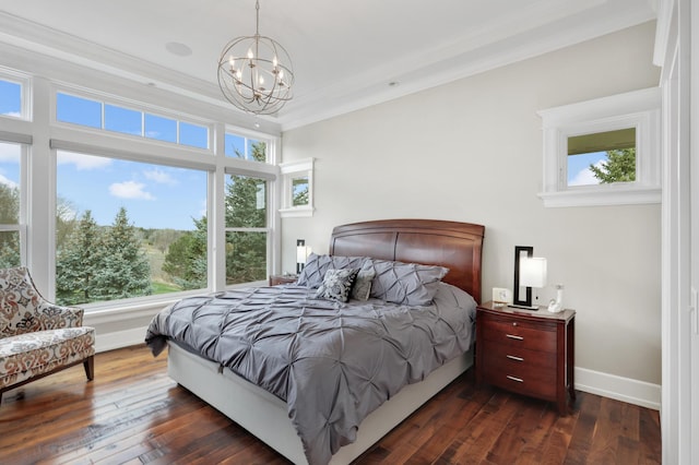 bedroom featuring an inviting chandelier, crown molding, baseboards, and dark wood-style flooring