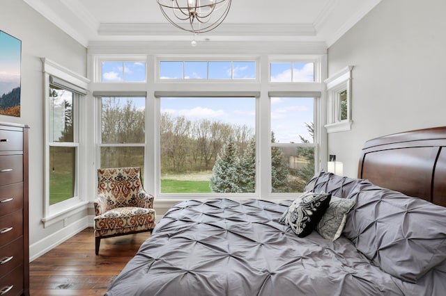 bedroom with ornamental molding, multiple windows, dark wood finished floors, and baseboards