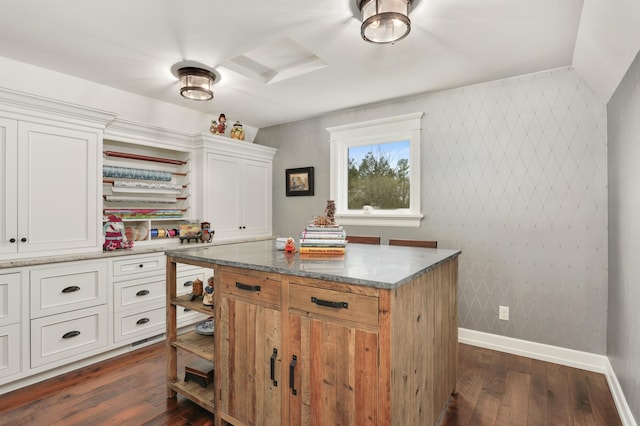 kitchen with wallpapered walls, baseboards, dark wood-style flooring, white cabinetry, and open shelves