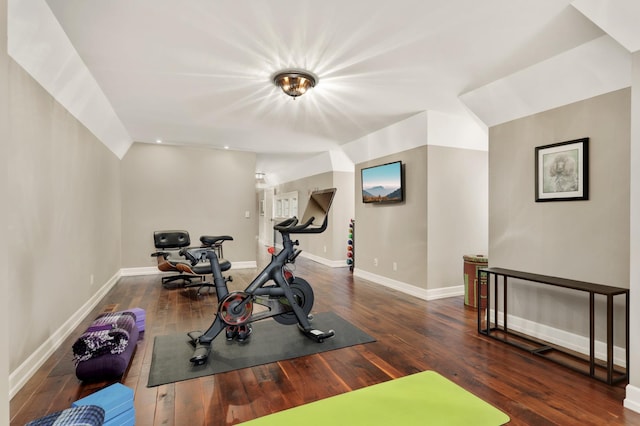 workout room featuring lofted ceiling, baseboards, and hardwood / wood-style flooring