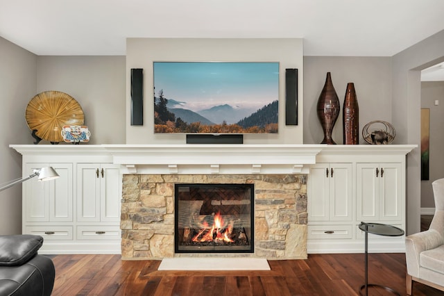 living room featuring dark wood-type flooring and a stone fireplace