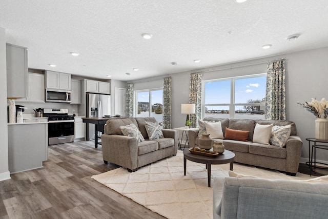 living room featuring a textured ceiling, light wood-type flooring, baseboards, and recessed lighting