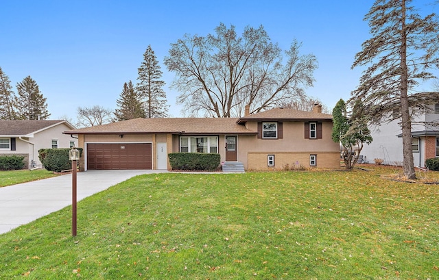 tri-level home with an attached garage, brick siding, concrete driveway, a front lawn, and a chimney