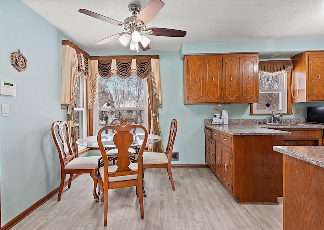 dining room featuring visible vents, light wood-style flooring, a ceiling fan, a textured ceiling, and baseboards