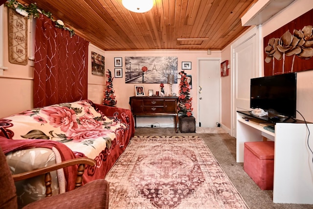 living room with light carpet and wood ceiling