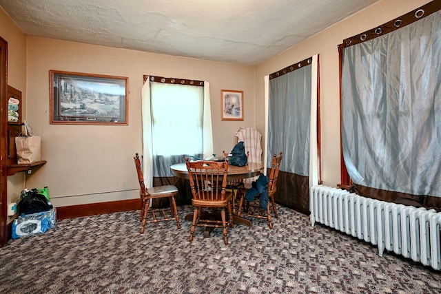 dining space with radiator, a textured ceiling, baseboards, and carpet flooring