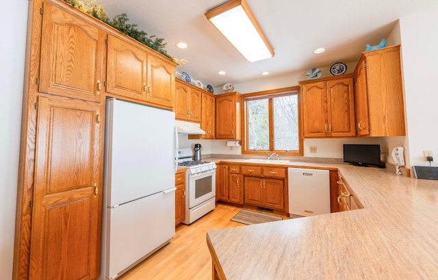 kitchen with white appliances, light countertops, a sink, and under cabinet range hood