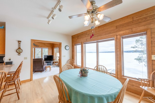 dining space featuring a ceiling fan, plenty of natural light, wood walls, and light wood finished floors