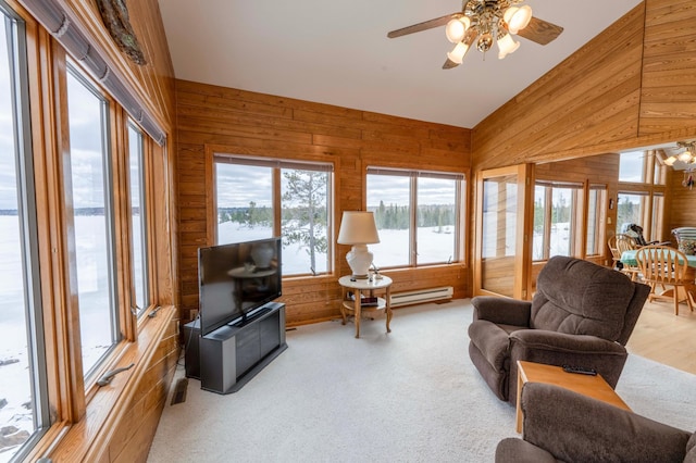 interior space featuring vaulted ceiling and a ceiling fan