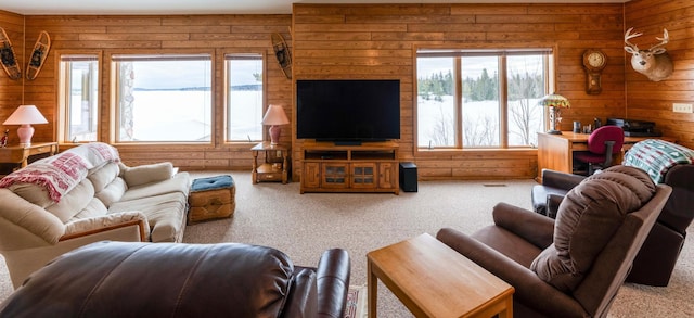 living area featuring wooden walls and carpet flooring